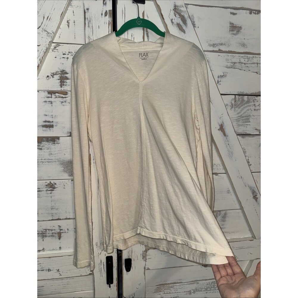 FLAX Medium  Cream Ivory 100% Cotton V Neck Long Sleeve Top Relaxed Flowy Knit